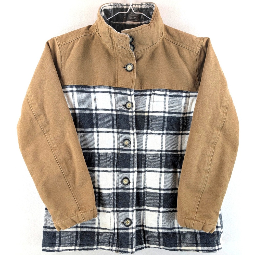 KAVU Mixed Media Canvas Plaid Flannel Jacket Mens Medium Tan Black White